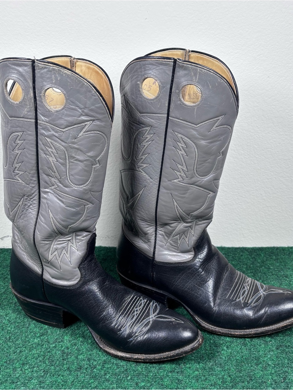 Vintage OLSEN STELZER Boots Mens 11 Gray Leather Cowboy Handmade in Texas